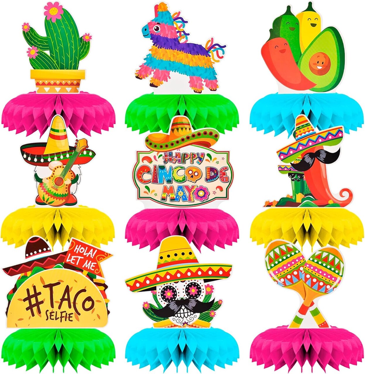 9 Pieces Cinco de Mayo Festival Honeycomb Centerpieces Table Decor, Mexican Fiesta Vibrant Cactus, Piñata, Taco and Sombrero Pattern Table Topper Ornaments Signs, Holiday Party Decorations